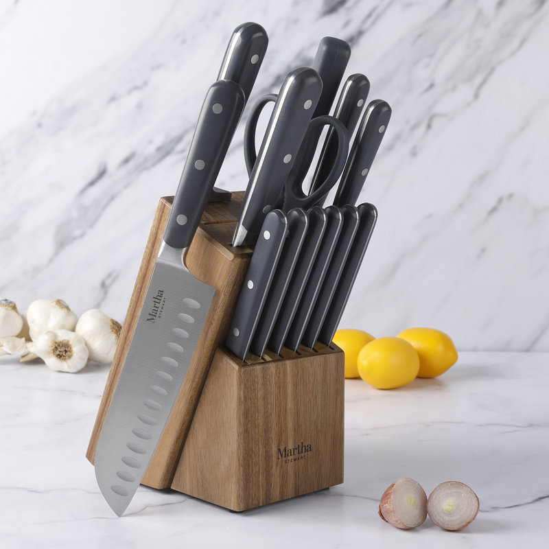 Gray 14-Piece Stainless Steel Cutlery Set with Acacia Wood Block