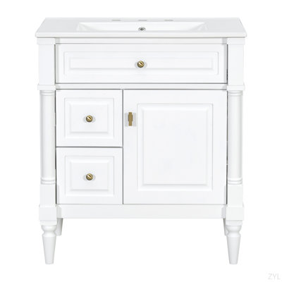 Bathroom Vanity With Sink, Freestanding Bathroom Cabinet With Flip Drawer & Adjustable Shelf, Solid Rubberwood Frame, MDF Panels & Metal Handles
