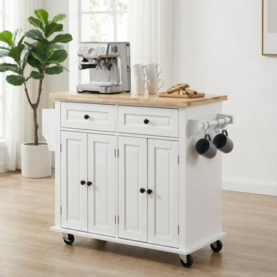 35.4" White Kitchen Island Cart with Solid Wood Top, Adjustable Shelves & Locking Wheels | Mobile Prep Station, Coffee Bar & Serving Cart by Ebern Designs