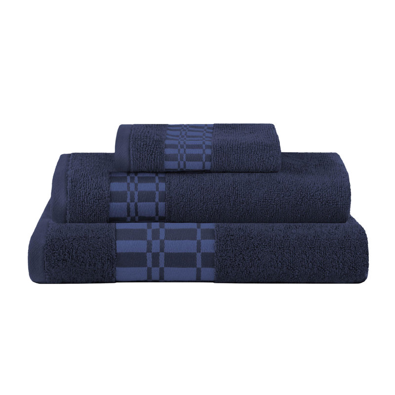 Davis Larissa Cotton Medium Weight Geometric Border 3 PC Assorted Towel Set, Navy Blue