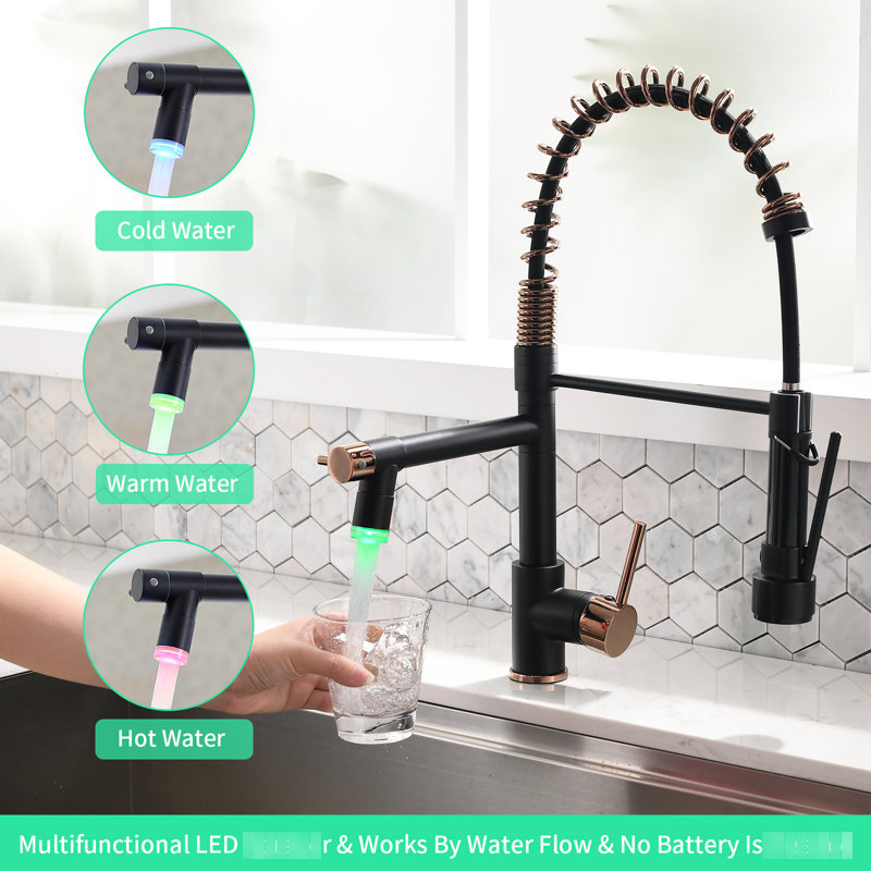 Kitchen Faucet With Pull Down , Black And Rose Gold, Single Lever, Smooth Operation Running