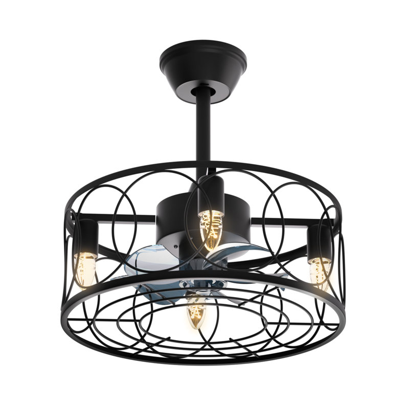 Black 18" Iron Caged Ceiling Fan with LED Light and Remote