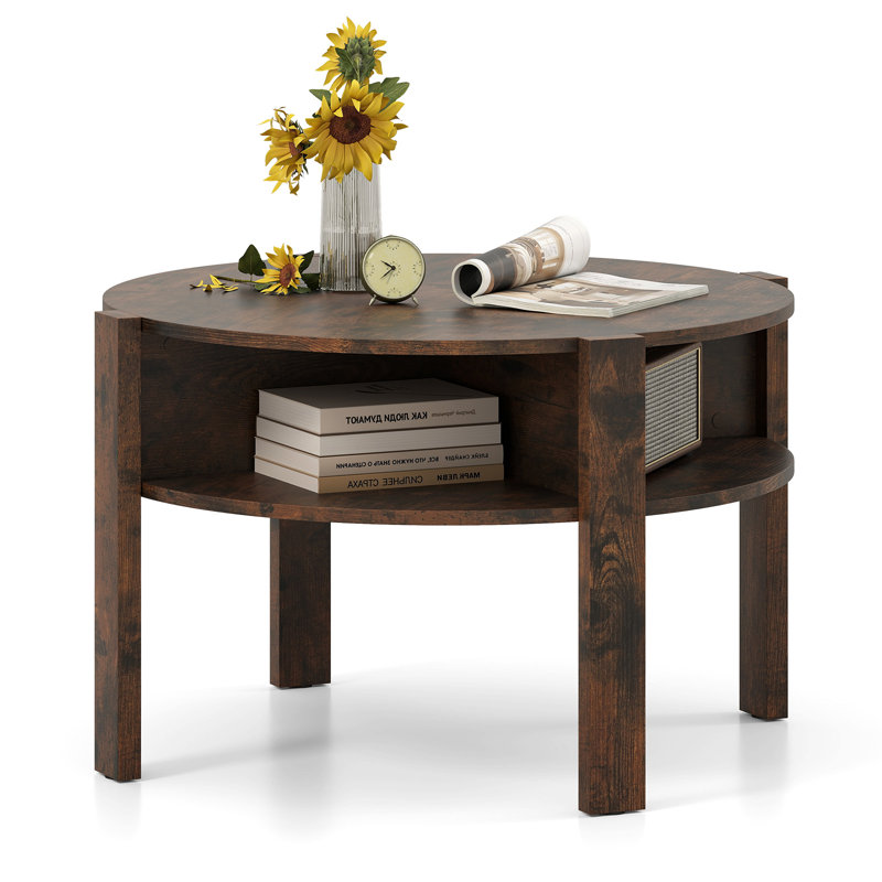 29.5'' 2-Tier Round Coffee Table w/ Storage 4 Shelves Faux Wooden Top, Brown 