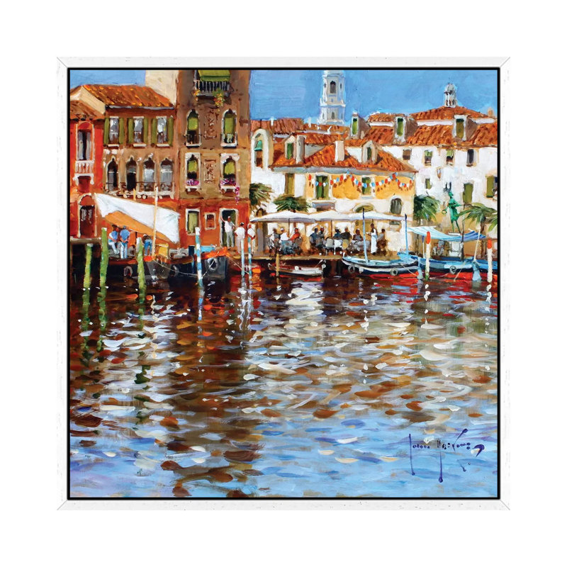 Lunch In Venice by John Haskins - Painting on Canvas, 45.72cm H x 45.72cm W x 3.81cm D, White Framed