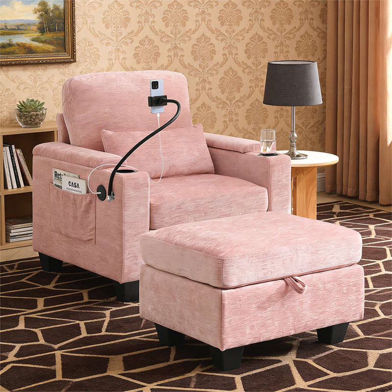 Single sofa recliner with manually adjustable backrest, USB charging port on the armrest side, and a matching storage ottoman