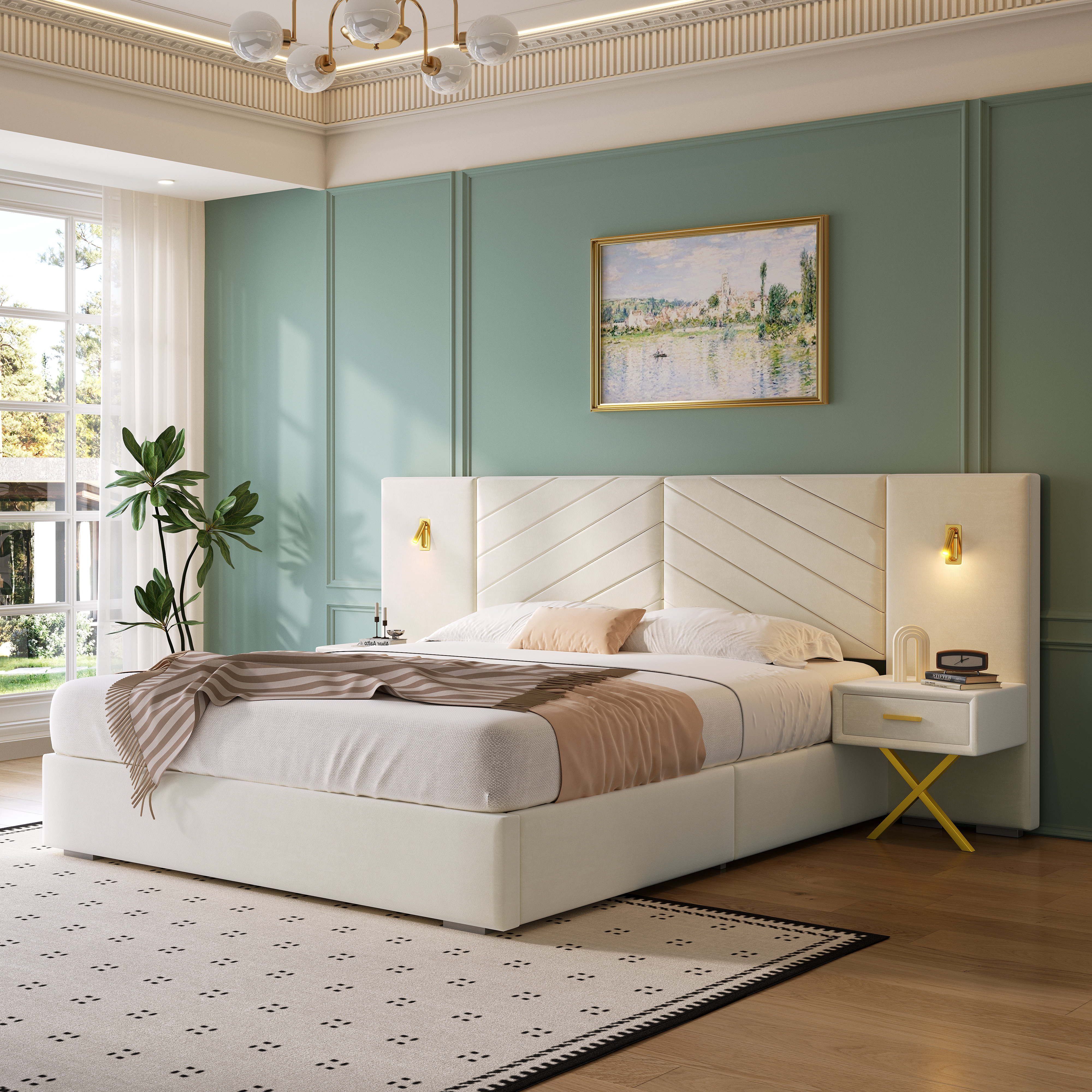 Mercer41 Velvet Upholstered Platform Bed With Wingback Headboard, Built-in Bedside Tables, Led Lights, And Strong Wooden Slats, No Box Spring Needed & Reviews | Wayfair