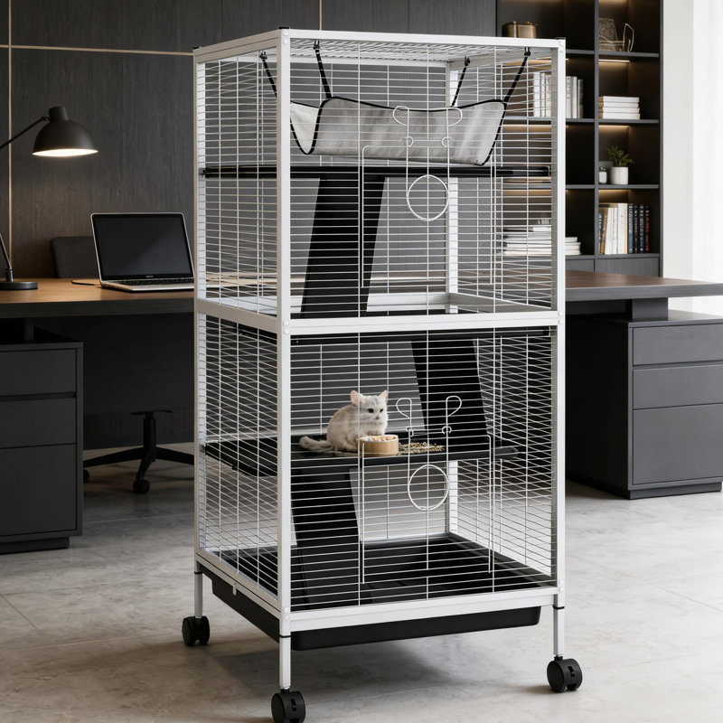 Rouleau à quatre niveaux pour petits animaux de compagnie avec plateau coulissant et rampe, blanc, L 20,5 po x l 20,5 po H 44,75 po facile à déplacer