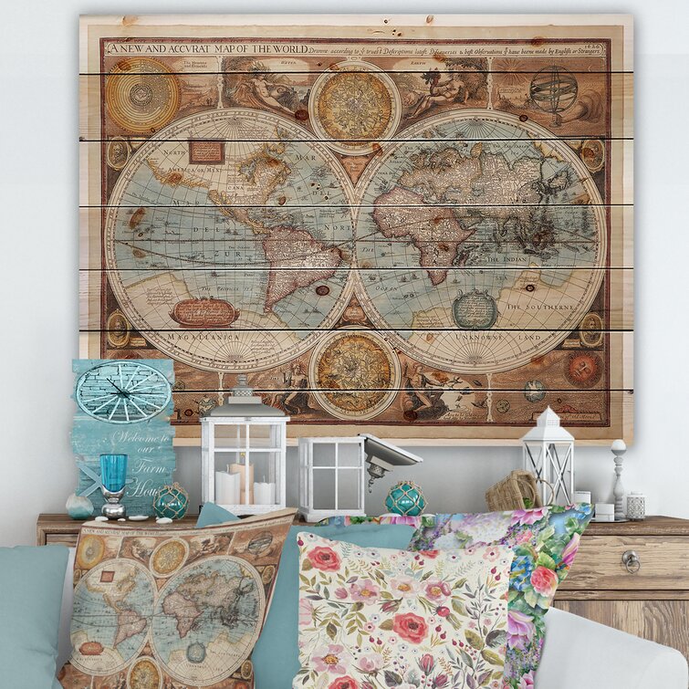 Ancient Map Of The World VIII - Vintage Print On Natural Pine Wood