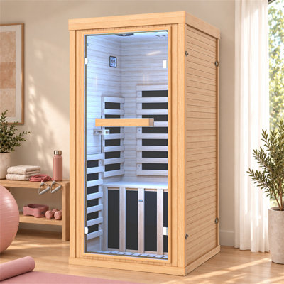1-Person Indoor Low EMF Far Infrared Sauna with 7 Heating Panels, Canadian Hemlock Wood, Bluetooth Speakers & Color Therapy Lighting for Home Relaxation & Wellness