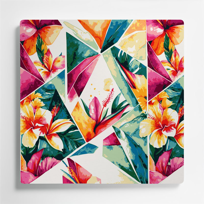 Art mural hawaïen avec fleurs géométriques beiges, H 12 po x l 12 po