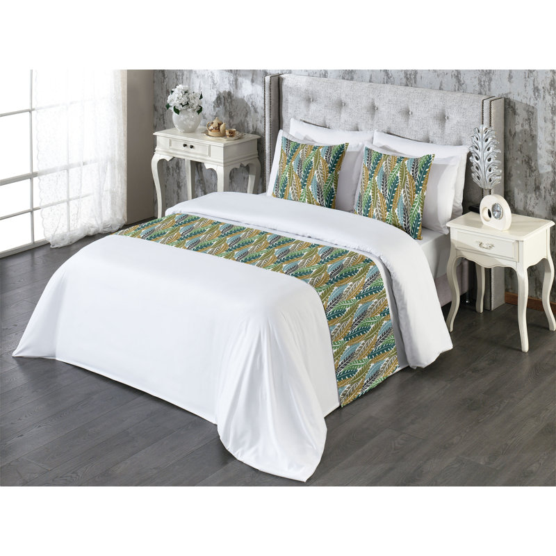 Ambesonne Leaf Print Bed Runner Set Leafy Forest Summer Art Fawn Mustard Dark Teal, King