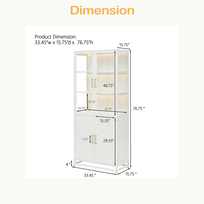 76.75'' Tall Display Cabinet, With Glass Doors And LED Lights, Steel Curio Cabinet With 3-Sided Glass, Pantry Cabinet With Storage For Hallways