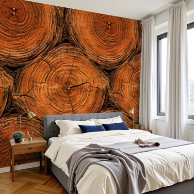Peel and Stick Wallpaper 96" W x 69" H Modern Self Adhesive Wall Mural for Bedroom Wood Log Cross Section Natural Brown Tree Rings Texture