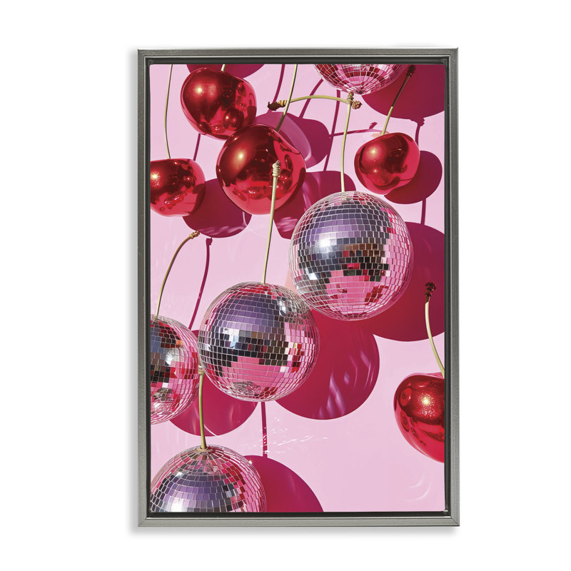 Cadre flottant Cherry Disco Fruits, design par LSR Design Studio, H 31 po x l 21 po, Cadre flottant gris lustré