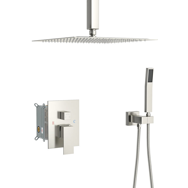 Pomme de douche double en nickel brossé 16 po, tête d'aspect fixée au plafond avec fixation