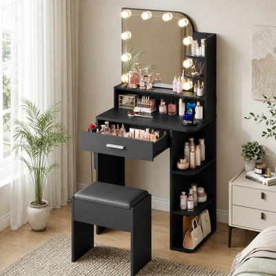 Jaseria Makeup Vanity Set with LED Lighted Mirror & Power Outlet for Bedroom