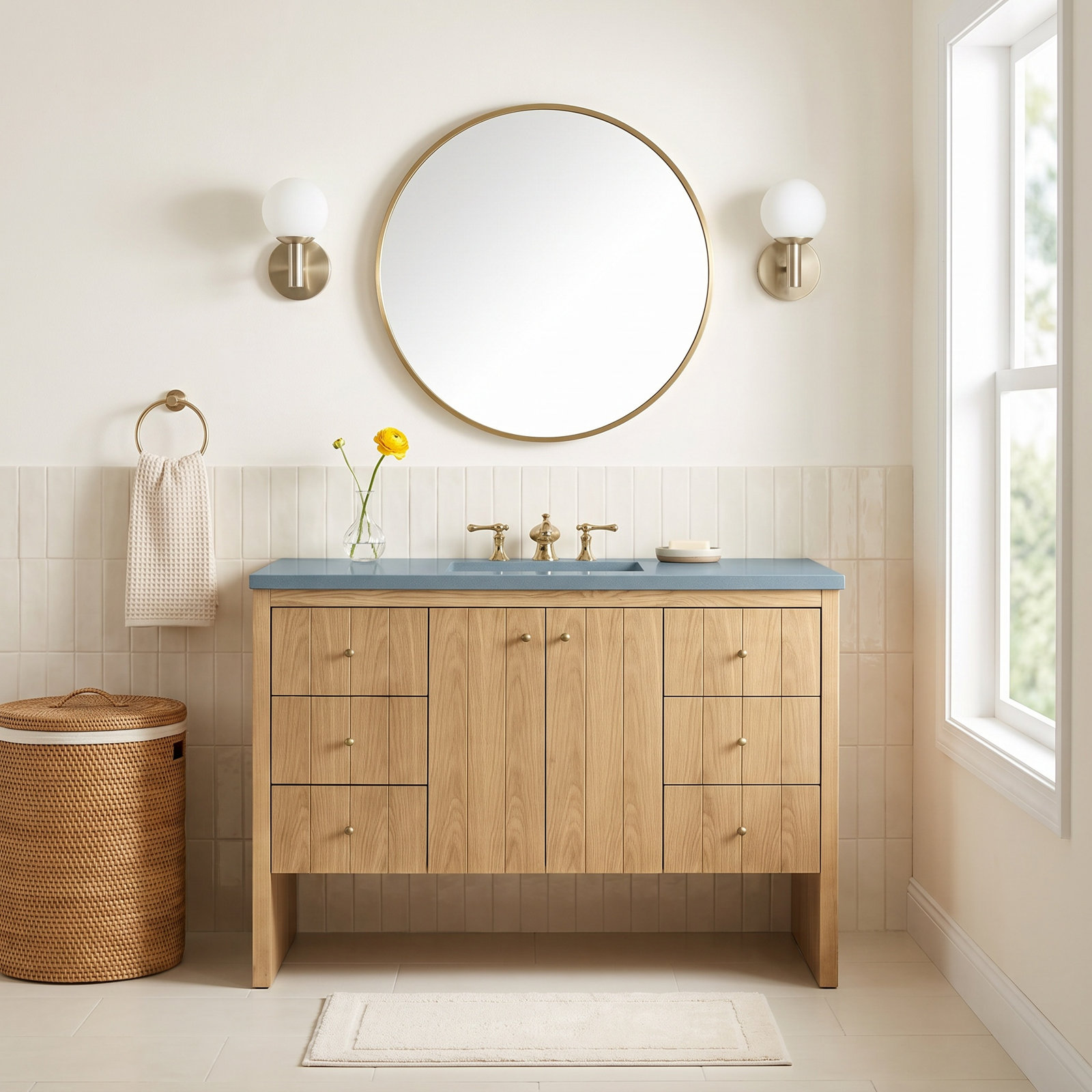Hudson 48 " Single Bathroom Vanity, Light Natural Oak, Cala Blue Quartz, 8" Widespread