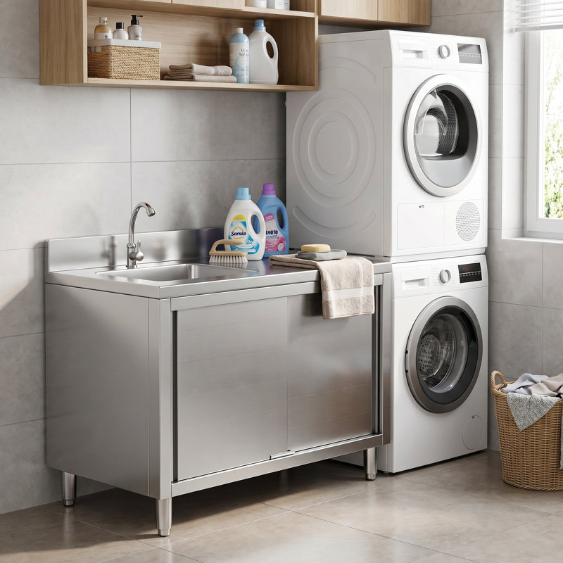 Évier utilitaire autoportant en acier inoxydable de 47 po avec armoire de rangement, cuve simple de cuisine pour la salle de lavage