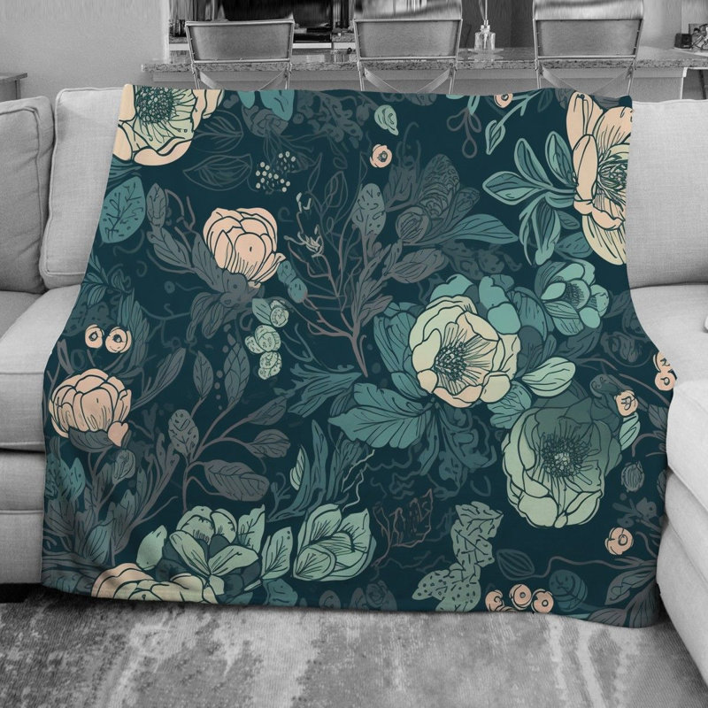 Jeté floral en molleton, L 68 po x L 80 po, Vert / bleu marine floral