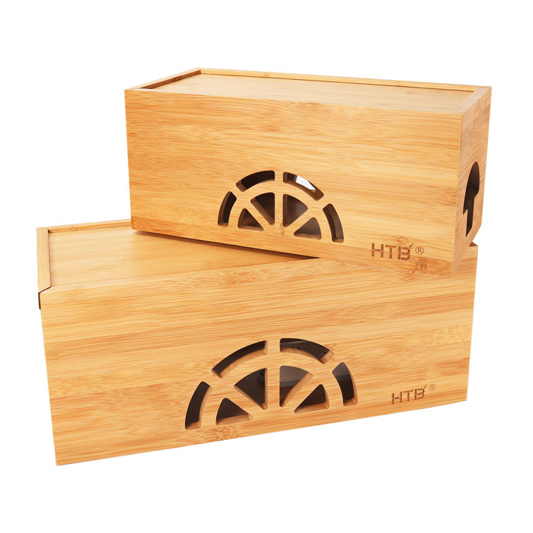 HTB Cable Management Box by HTB, Large & Small Bamboo Cord Organizer Box to  Hide Wires & Power