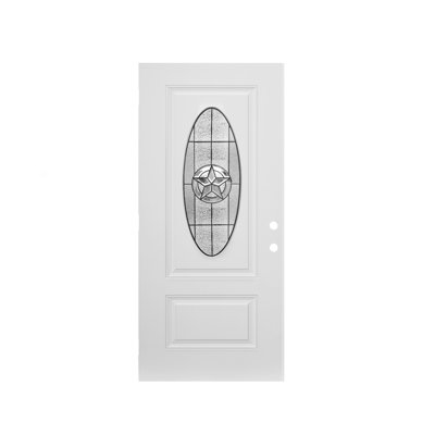 Porte d'entrée avant en fibre de verre 36 po x 80 po avec verre décoratif ovale, ouverture à gauche, blanc, dalle seulement