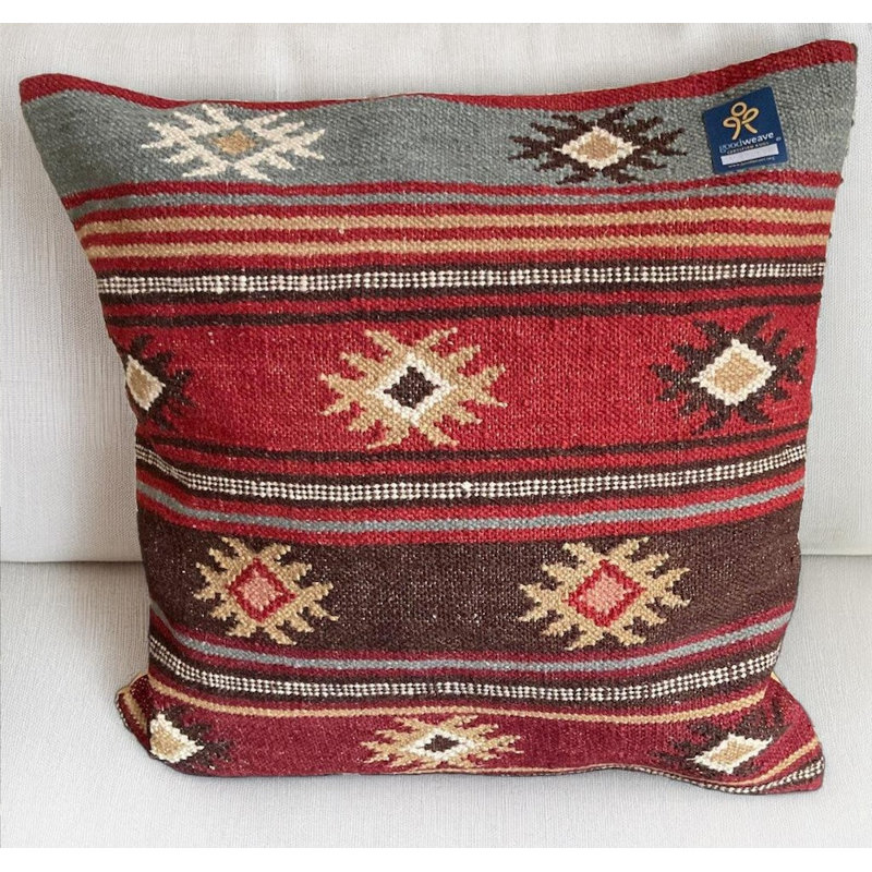 Zanskar Kilim Cushion Cover in Rich Red Multi Colour Geometric Pattern, 60cm x 60cm