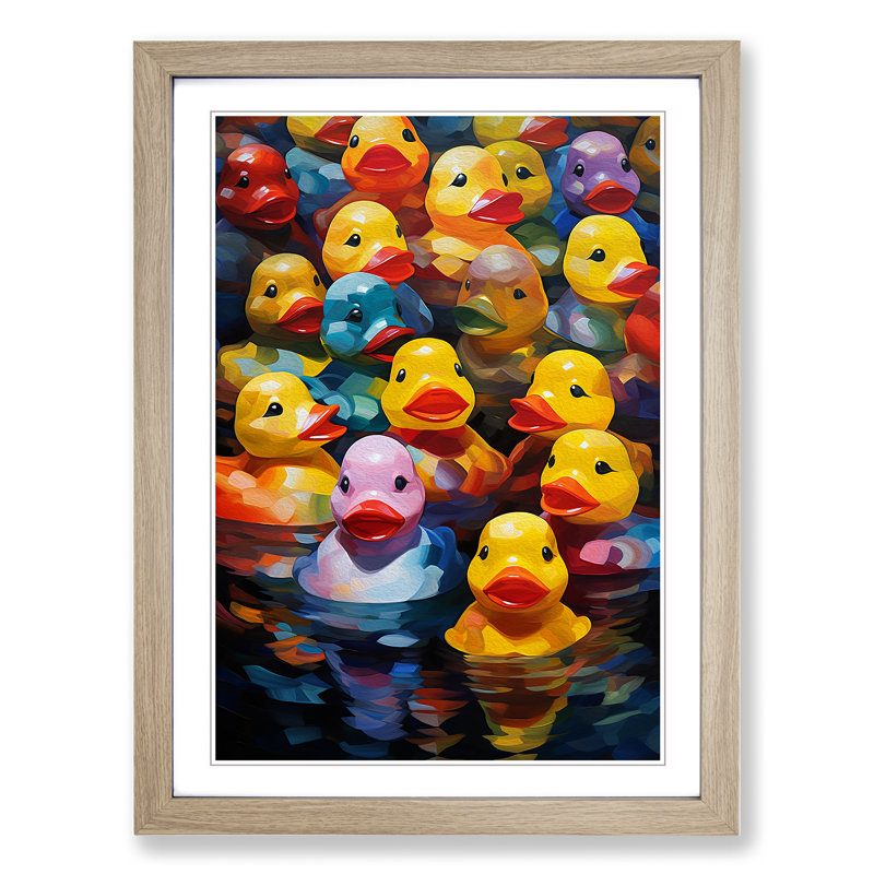 Rubber Ducks Orphism - Single Picture Frame Print on Wood, 34cm H x 25cm W x 2cm D, Oak