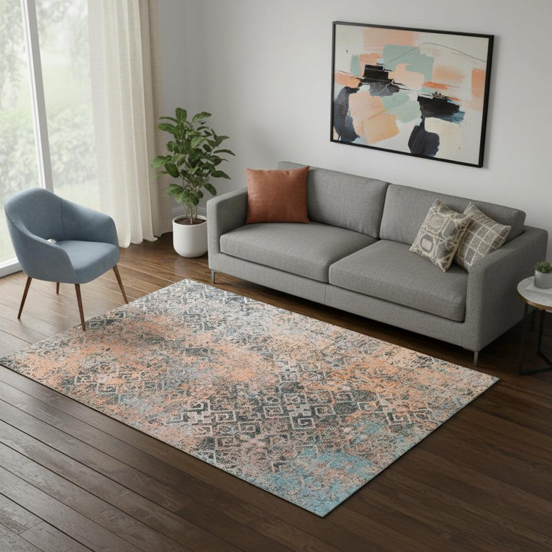 Tapis abstrait délavé bleu et orange 5 pi x 8 pi