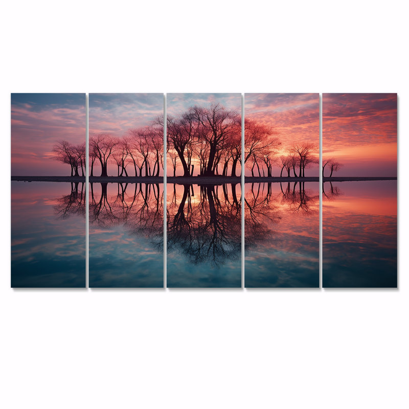Coucher de soleil sur le lac, silhouette d'arbre, art mural pour le salon, 5 pièces, H 28 po x l 60 po