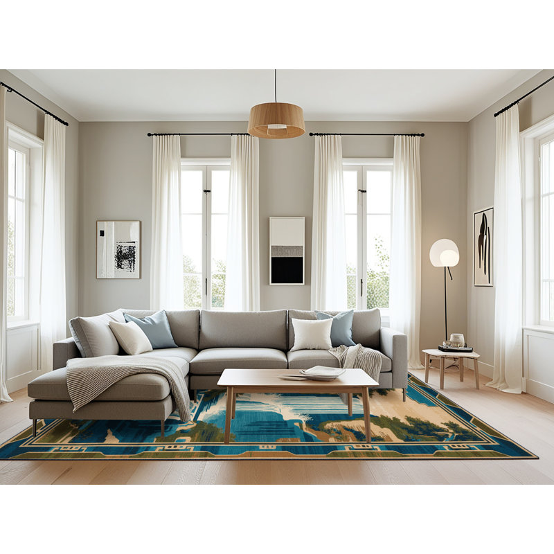 Machine Washable Art Deco Blue Area Rug, Rectangle 8' x 10'