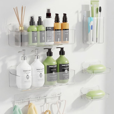 Paquet de 6 tablettes de rangement pour salle de bain adhésives transparentes et antirouille avec porte-savon