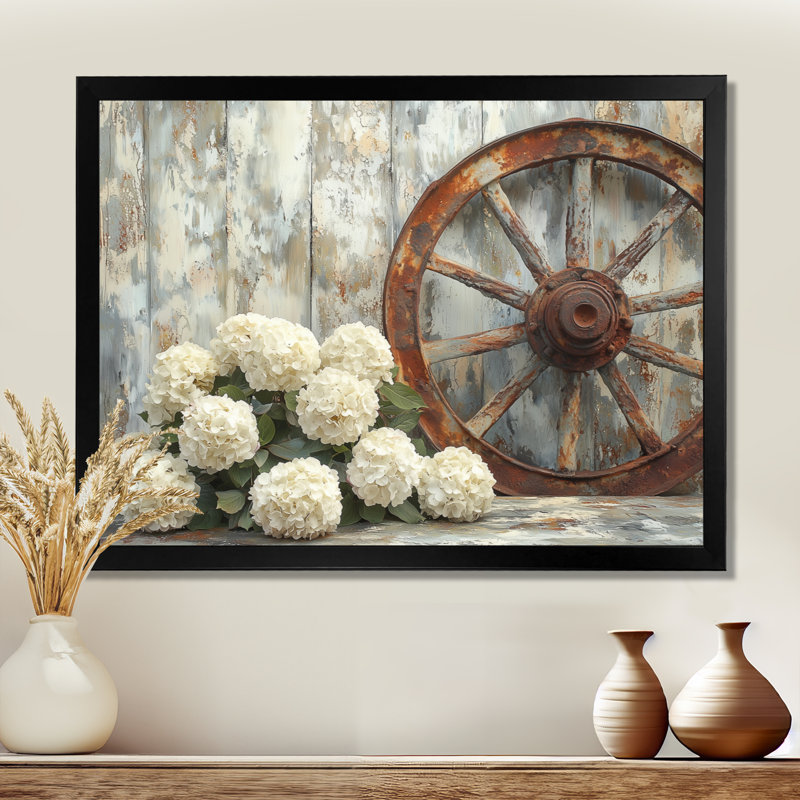 Drequan hortensia par la roue de chariot - art mural hortensia, Reproduction encadrée d'une seule photo, Noir