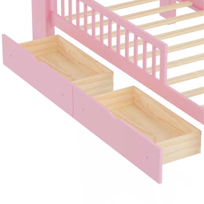 Lit simple avec support de tête de lit, deux tiroirs sous le lit, garde-corps à trois côtés pour la sûreté et la sécurité, rose
