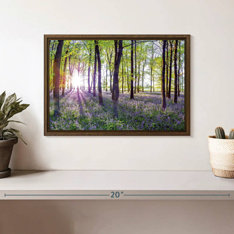 Bluebells and sunrise, 13 po x 9 po, Cadre flottant noyer