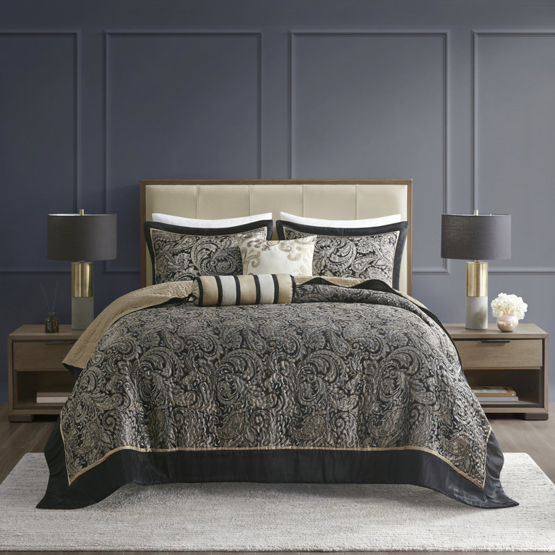 Couvre-lit très grand avec motif cachemire moderne, bordure unie noire pour lit de taille très grande, Noir