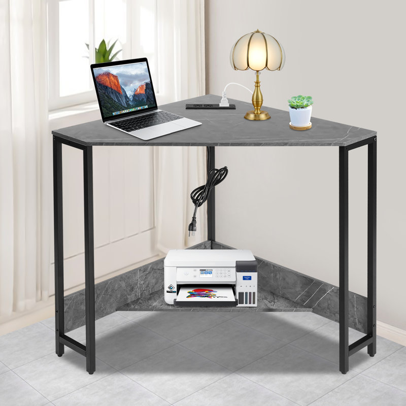 Humza Iron Computer Desk with Built-In Electrical Outlet, Gray