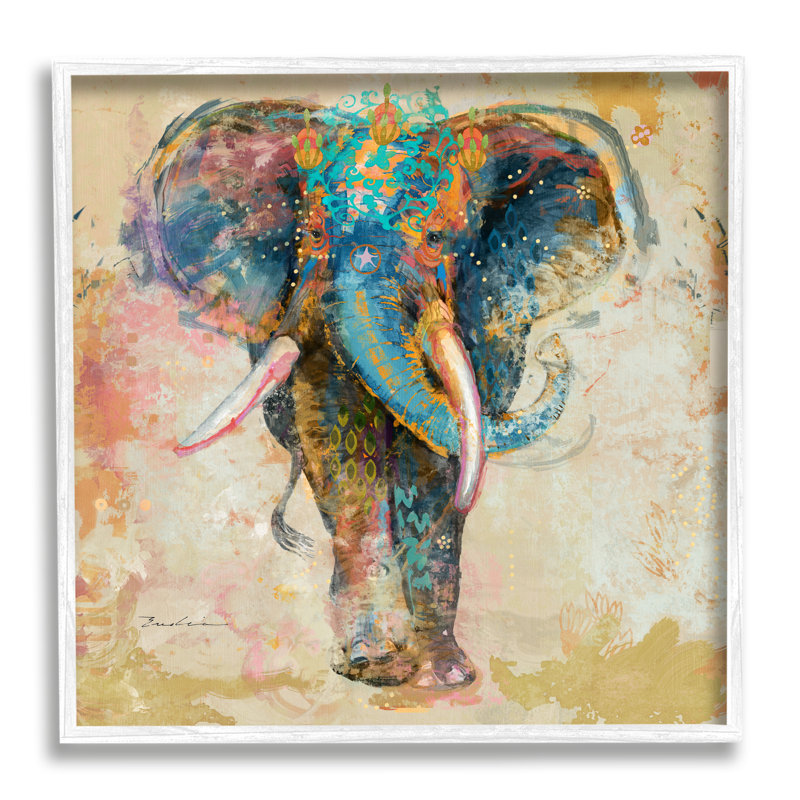 «Vivid Elephant Collage», impression, H 24 po x l 24 po x P 1,5 po, Giclée encadrée blanc bord de mer