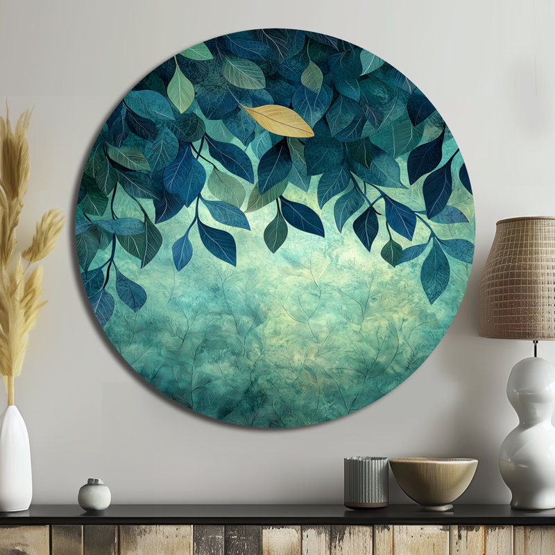 «Green and Blue Leaves Forest Tranquility II», reproduction d'art métallique traditionnelle verte, H 36 po x l 36 po