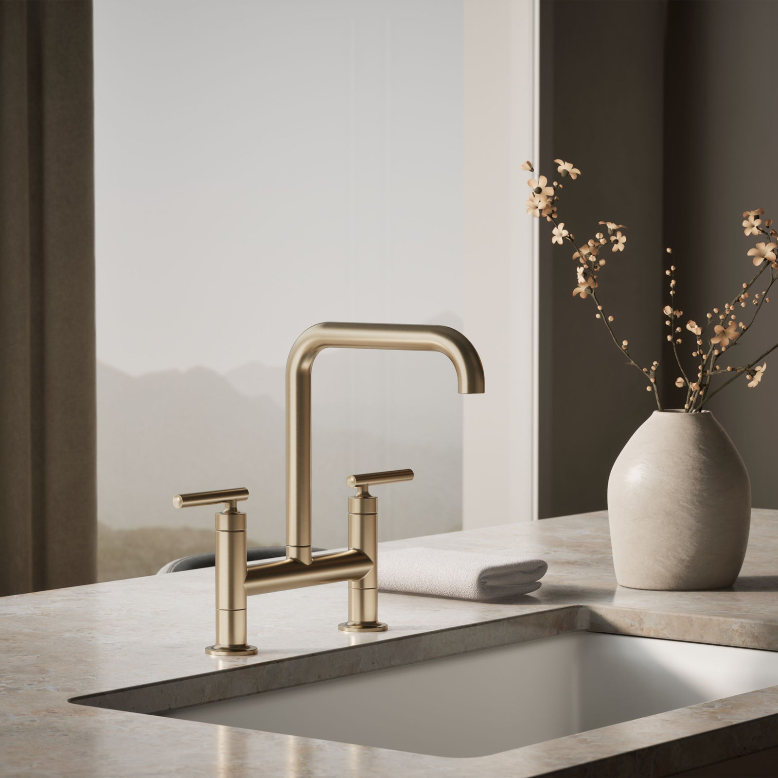 Purist Two-Hole Bridge Kitchen Faucet, Vibrant Brushed Bronze