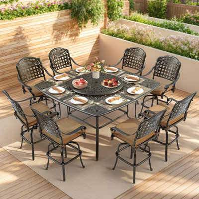 10-Piece Outdoor High Patio Dining Set, Free-Rust Cast Aluminum Patio Bar Table And Chairs Set, Includes 8 Swivel Bar Stools & 63.98" Bar Height Dining Table With 35.38" Lazy Susan, Umbrella Hole
