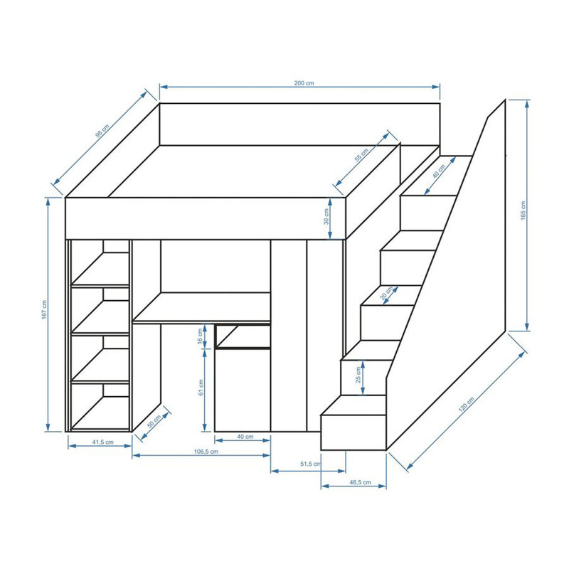 Farrar European Single (90 X 200 Cm) Loft Bed Mate's & Captain's with Storage Included with Desk Included, White/Grey