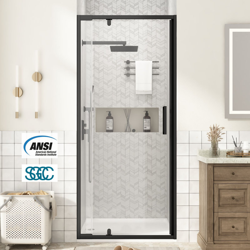 28-32" W x 72" H Framed Pivot Swing Shower Door in Matte Black with 1/4" Clear Tempered Glass, Anti-Shatter Film & Easy-Clean Coating