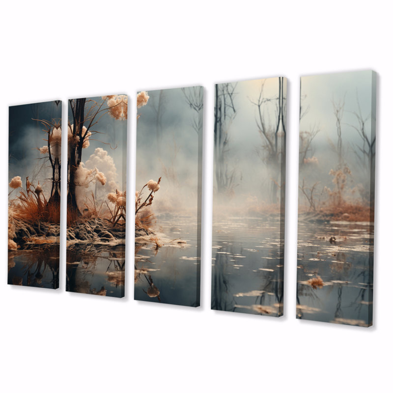 «Winter Reverie At The Lake III», impression sur toile de paysages - 5 panneaux égaux