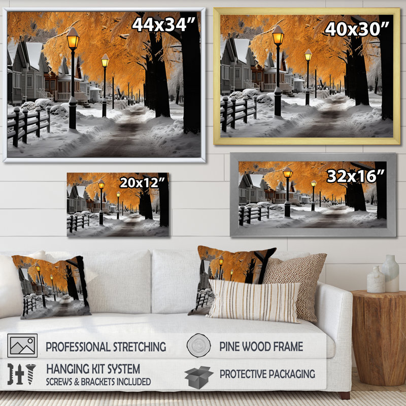 Monochromes d'hiver Street Charm I - paysages, art mural sur toile, Cadre flottant noir, H 12 po x l 20 po