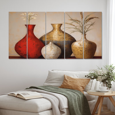 Cottage Vases fleurs de blé séché I - Boho Pottery Wall Art Living Room - 5 panneaux égaux