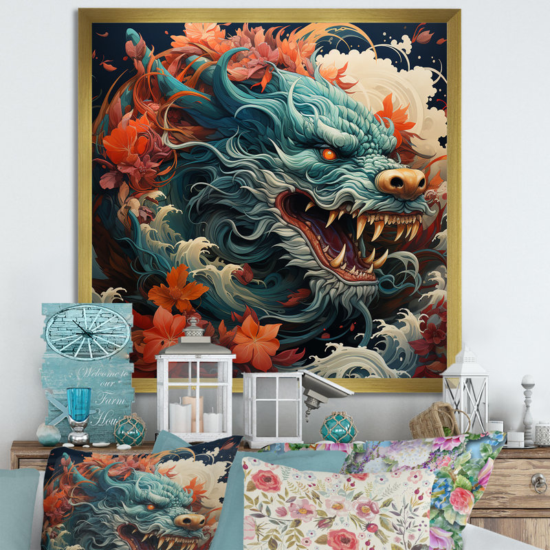 Dragon japonais sur la vague au large de Kanagawa II - Dragons, art mural, Cadre doré simple, H 16 po x l 16 po x P 1 po