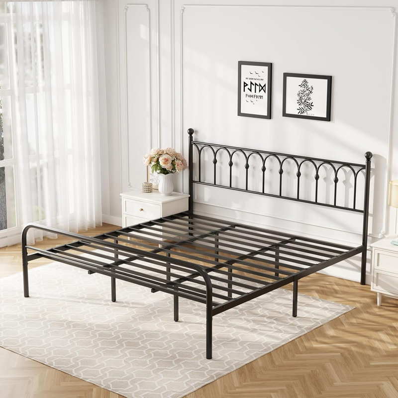 Melati Metal Bed Frame with Headboard Platform Bed No Box Spring Needed, Black, King