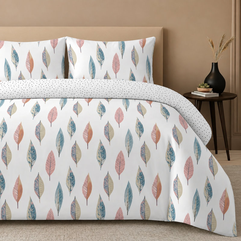 Loire Scandi Leaf Reversible Duvet Cover Set with Pillowcases Quilt Cover Soft and Breathable, Off White