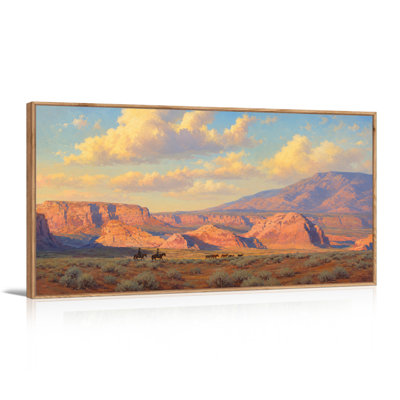60"x30" Large Framed Wall Art – Red canyon landscape with cowboys and cattle at sunset Canvas Print with Wood Frame, Ready to Hang