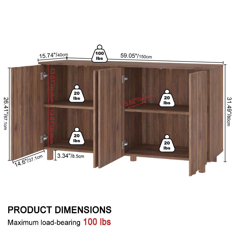 59" Fluted Sideboard With Storage, Large Buffet Cabinet With 4 Doors For Kitchen And Living Room, Brown